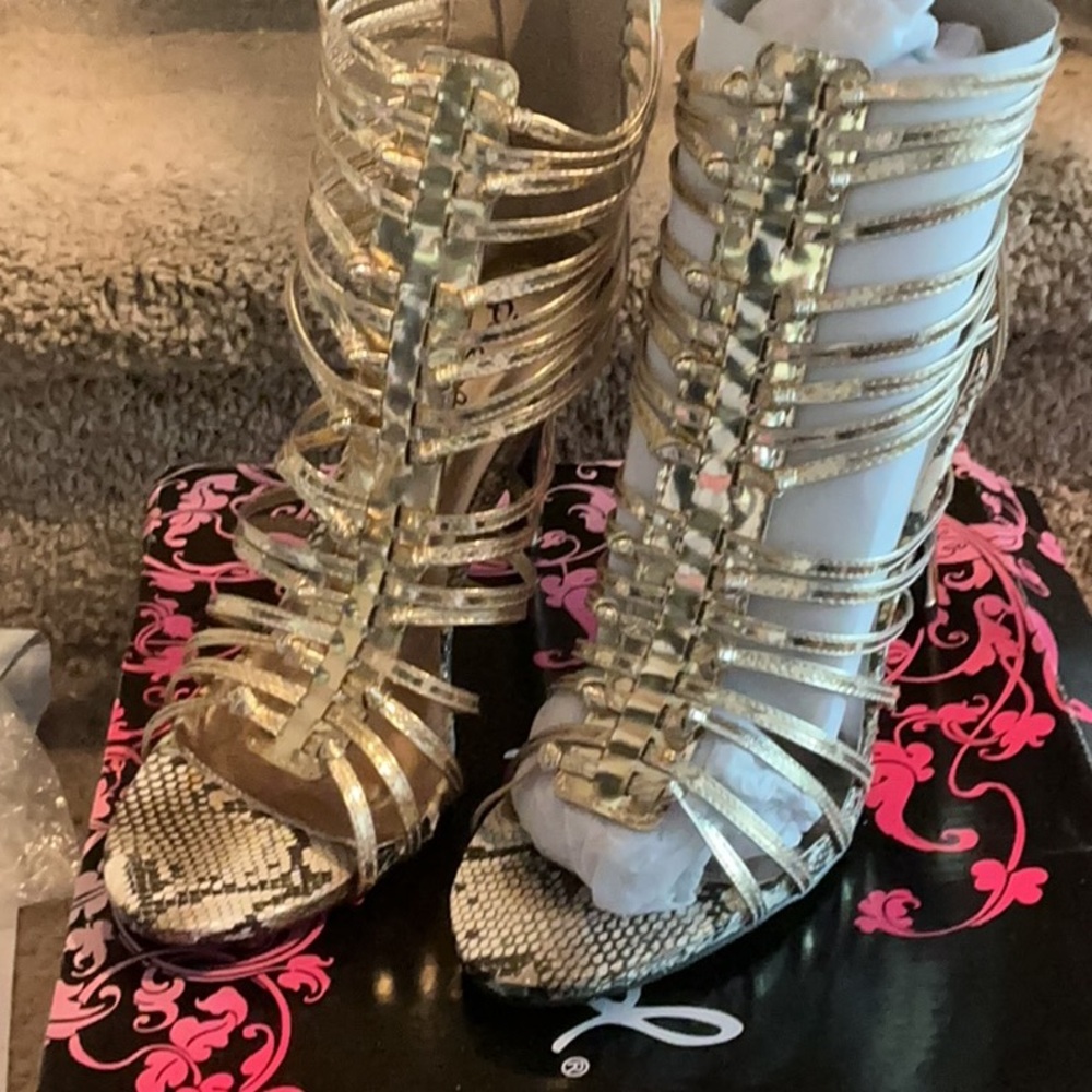 Qupid Gold Gladiator Stiletto Heels